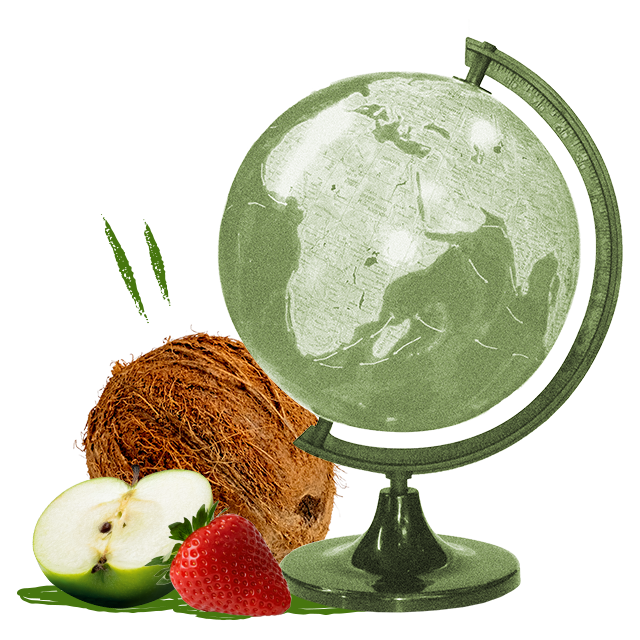 globe with strawberry, coconuts and apple